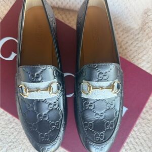 Gucci Black Embossed Leather Loafers with Gold Hardware